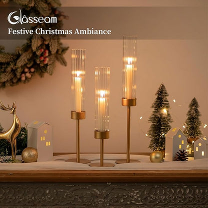 Glasseam Tapered Gold Candlestick Holders: 6 Pcs Tall Brass Taper Candle Holder with Ribbed Glass Cylinder - Hurricane Fluted Candle Holders for Table Centerpiece Wedding Party Christmas Decorations