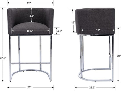 Modern Counter Height Linen Upholstered Bar Stools Set of 2, 29" Kitchen Counter Island Stools Bar Chairs with Chrome Finish Metal Frame for Kitchen Island, Charcoal