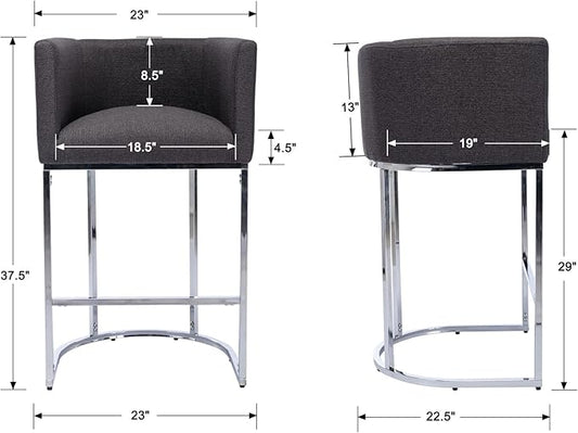 Modern Counter Height Linen Upholstered Bar Stools Set of 2, 29" Kitchen Counter Island Stools Bar Chairs with Chrome Finish Metal Frame for Kitchen Island, Charcoal