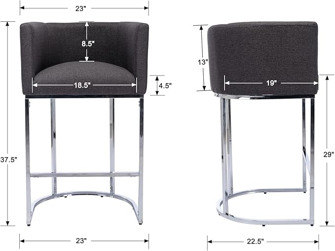 Modern Counter Height Linen Upholstered Bar Stools Set of 3, 29" Kitchen Counter Island Stools Bar Chairs with Chrome Finish Metal Frame for Kitchen Island, Charcoal