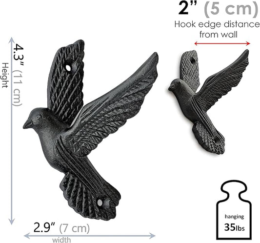 Ambipolar Flying Style Iron Cast Decorative Pigeon Bird Wall Mounted Coat Hooks, 5 Pieces, Black
