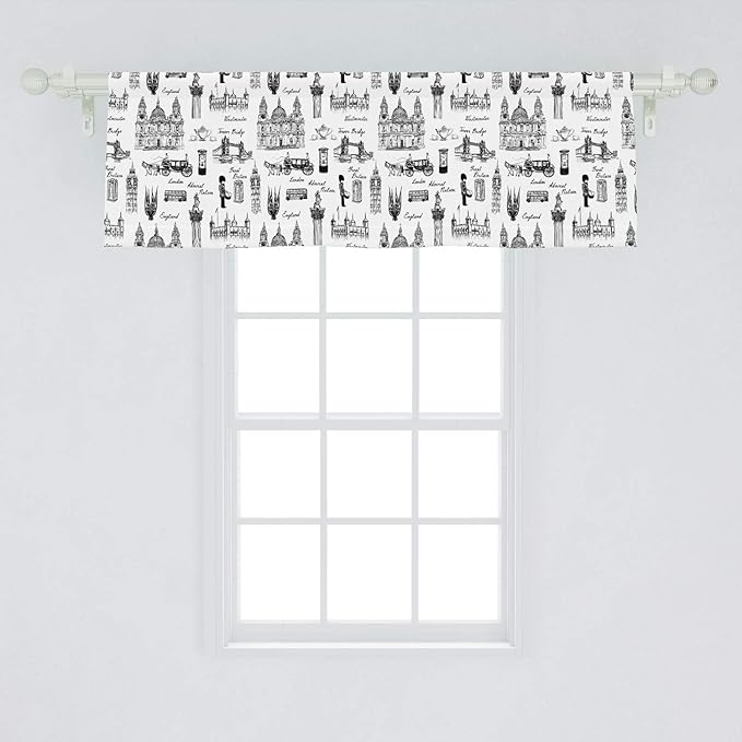 Lunarable Sketch Window Valance, Famous Architectural Monuments and of England Historical London Travel, Curtain Valance for Kitchen Bedroom Decor with Rod Pocket, 54" X 18", Charcoal Black