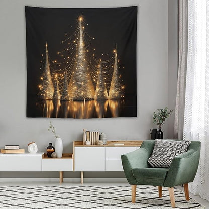 MaSiledy Silver Lighted Christmas Trees Wall Tapestry Happy New Year Vintage Aesthetic Tapestry Wall Hanging Landscape Tapestry Wall Art for Bedroom Wall Hanging for Room 60"x60"