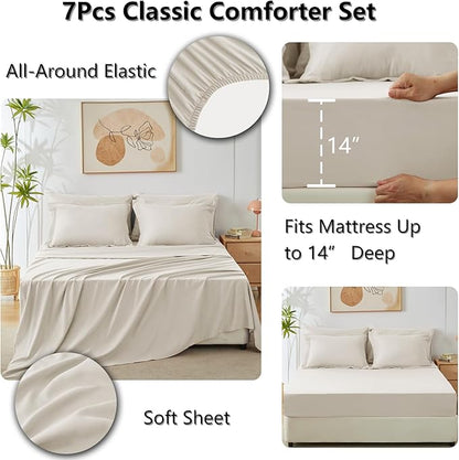 CozyLux Queen Comforter Set Beige - Bed in a Bag Queen Size 7 Pieces, Luxury Soft Bed Set for All Seasons, Bedding Set with Down Alternative Comforter, Sheets, Pillowcases & Shams