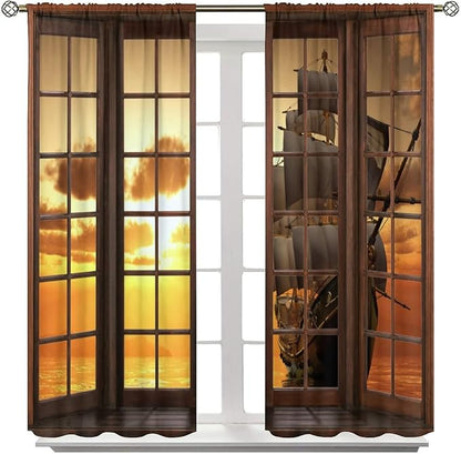 Retro Ship Curtains, Window View Sailing Boat Ship Schooner, Nautical Style Ocean Sunset Landscape Print Blackout Window Drapes for Boys Bedroom Living Room 55x63in