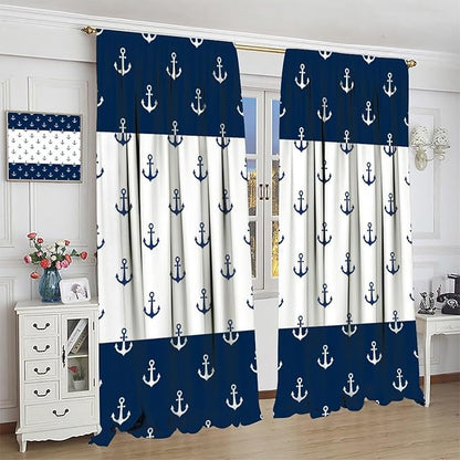 Anchor Pattern Curtains, Nautical Theme Navy Blue White Anchor Sea Life Adventure Print Blackout Window Treatments for Living Room Boys Men's Bedroom 63x72in