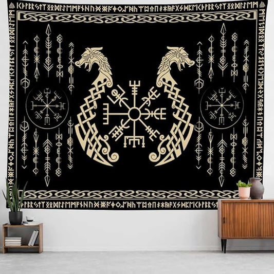 OSUNBD Viking Dragon Tapestry Ancient Rune Dragon Totem Norse Mythology Wall Art Tapestries Black Mystical Geometric Norse Mythology Tapestry Large Size 78.7”x59.1” for Bedroom Living Room Dorm