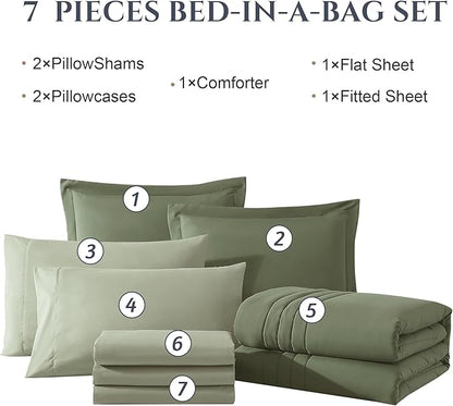 Monbix Queen Comforter Set - 7 Pieces Light Sage Green Bed in a Bag Queen Bedding Sets with Comforters, All Seasons Down Alternative Comforter Bed Set with Sheets, Pillowcases & Shams