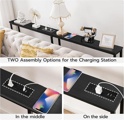 HOOBRO 70.9" Narrow Console Table with Charging Station, 5.9" Sofa Table with 2 Power Outlets and USB Ports, Long Entryway Tables Behind Couch Table, for Hallway, Living Room, Black BB185UXG01