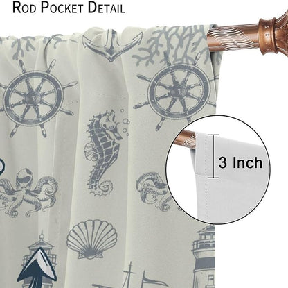 Nautical Anchor Curtains, Vintage Sailboat Ocean Coastal Lighthouse Window Drapes, Navy Blue Coral Shell Seahorse Beach Print Blackout Window Treatments for Living Room Bedroom 63x72in
