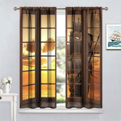 Retro Ship Curtains, Window View Sailing Boat Ship Schooner, Nautical Style Ocean Sunset Landscape Print Blackout Window Drapes for Boys Bedroom Living Room 63x72in