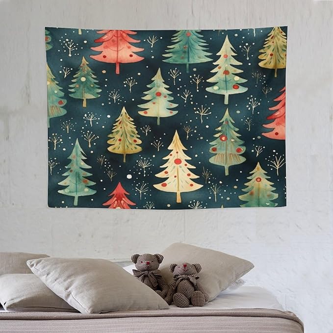 Vintage Christmas Tree Watercolor Tapestry As Wall Art Winter Christmas Tapestry for Bedroom Aesthetic Landscape Tapestry Wall Hanging for Dorm Living Room 30"x40" Christmas Family Party