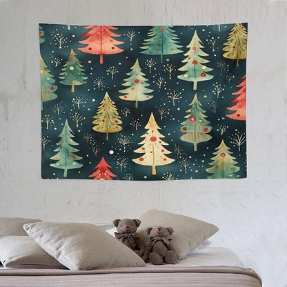 Vintage Christmas Tree Watercolor Tapestry As Wall Art Winter Christmas Tapestry for Bedroom Aesthetic Landscape Tapestry Wall Hanging for Dorm Living Room 30"x40" Christmas Family Party