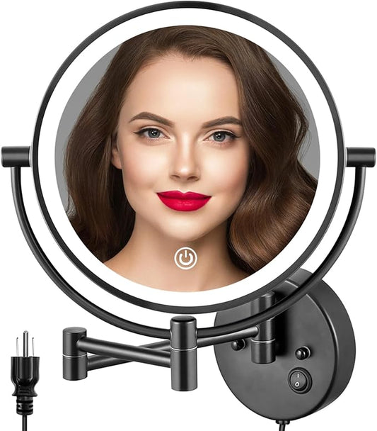 ALHAKIN 9" Wall Mounted Lighted Makeup Mirror, Large Rechargeable 1X/10X Magnifying Mirror with 3 Color Lights Dimmable, 360° Rotation, Nickel