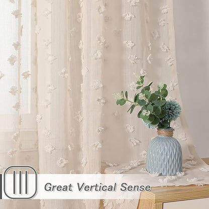 MYSKY HOME Pom Pom Beige Sheer Curtains for Bedroom Girls Room Curtains 84 Inches Long for Nursery Kids Light Filtering Boho Window Drapes, Rod Pocket, 38" Wide, 2 Panels