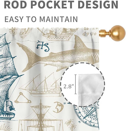 Vintage Nautical Curtains, Marine Coastal Sailboat Compass Anchor Ocean Beach Whale Old Pirate Map Decorative Drapes for Bedroom Living Room Kitchen Bathroom Window 2 Panels Set, 55"x63" Inch