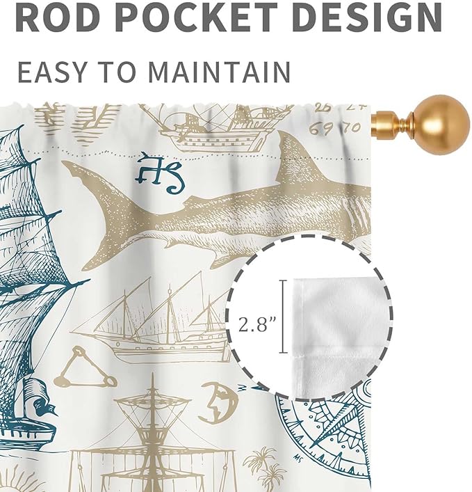Vintage Nautical Curtains, Marine Coastal Sailboat Compass Anchor Ocean Beach Whale Old Pirate Map Decorative Drapes for Bedroom Living Room Kitchen Bathroom Window 2 Panels Set, 42"x54" Inch
