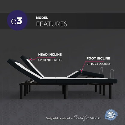Blissful Nights Twin XL e3 Adjustable Bed Base Frame with Head and Foot Incline, Wireless Remote Control, Easy Assembly, 10 Year Warranty