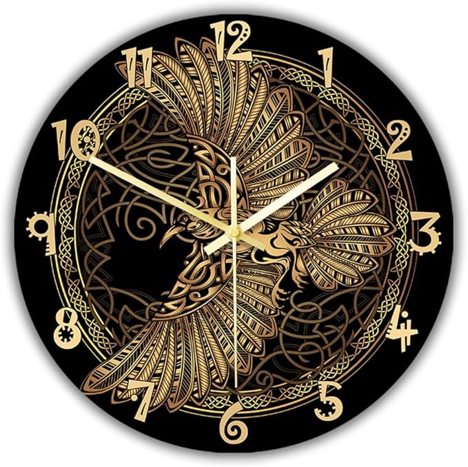 12 Inch Scandinavian Tattoo Odin's Celtic Raven Wall Clock, Norse Viking Man Cave Wall Clock Runic Symbols Crow Vintage Decorative Silent Non Ticking Battery Wall Watch Clock for Living Room