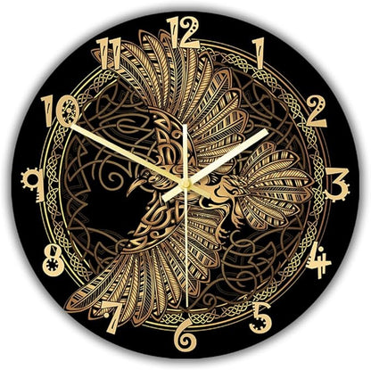 12 Inch Scandinavian Tattoo Odin's Celtic Raven Wall Clock, Norse Viking Man Cave Wall Clock Runic Symbols Crow Vintage Decorative Silent Non Ticking Battery Wall Watch Clock for Living Room