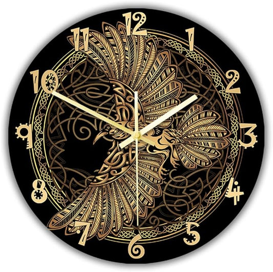 15 Inch Scandinavian Tattoo Odin's Celtic Raven Wall Clock, Norse Viking Man Cave Wall Clock Runic Symbols Crow Vintage Decorative Silent Non Ticking Battery Wall Watch Clock for Living Room