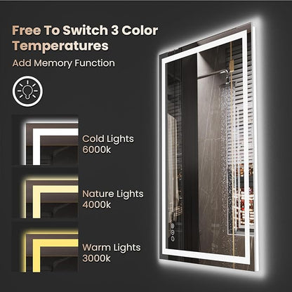 48"X32" LED Bathroom Mirror with Front Lights and Backlit, Anti-Fog, Dimmable, Shatter-Proof Tempered Glass, Lighted Bathroom Vanity Mirror for Wall with 3 Colors, Memory Function