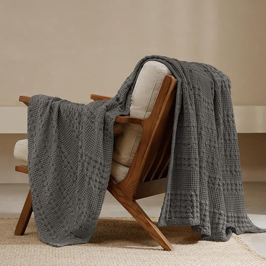 PHF 100% Cotton Waffle Weave Throw Blanket, Soft Lightweight Breathable Cozy Throws for Couch Bed Sofa, Luxury Aesthetic Woven Blanket for Home Decor & Office, 50"x60", Charcoal Grey