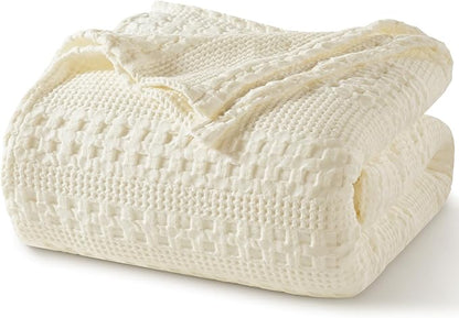 PHF 100% Cotton Waffle Weave Blanket Twin Size for Bed, Soft Lightweight & Breathable, All-Season Comfort, Luxury Aesthetic Woven Bedding for Home Decor, 66"x90", Cannoli Cream