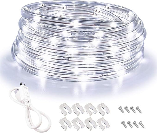 LED Rope Lights, 16ft Daylight White Strip Lights with Clear PVC Jacket, Connectable and Flexible, Waterproof for Indoor Outdoor use, 110V Plugin Tape Lighting with High Brightness 3528 LEDs