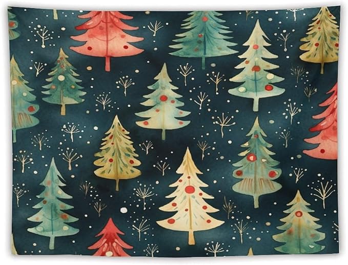 MaSiledy Vintage Christmas Tree Watercolor Tapestry As Wall Art Xmas Rustic Winter Holiday Vintage Aesthetic Tapestry Wall Hanging Landscape Tapestry Home Decoration for Living Room Bedroom 60"x80"