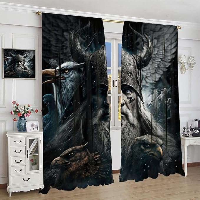 Fantasy Norse Viking Curtains,Cool Gothic Vintage Vikings Mystical Symbol Eagle Window Drapes Thermal Insulated Rod Pocket Blackout Drapes for Bedroom 2 Panels 63L x 21W