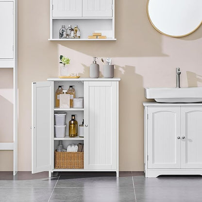 Yaheetech Bathroom Floor Cabinet, Modern Storage Freestanding Organizer Cabinet with Adjustable Shelves & Double Doors, 3-Tier Home Living Room Furniture, White