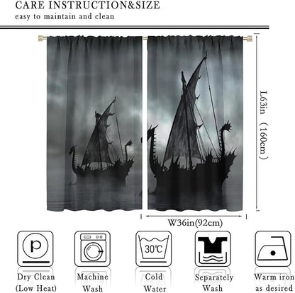 Viking Ship Blackout Curtains,Gloomy Misty Lake Landscape Fantasy Black White Color Sailing Dragon Boat Window Drapes for Boys Girls Bedroom Living Room,Norse Decor 72x63in