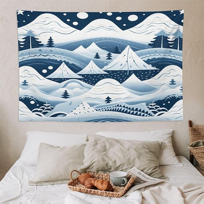 Snow Mountain Scandinavian Winter Tapestries Hello Winter Holiday Bedroom Tapestries Landscape Tapestry Wall Art Decor for Bedroom Living Room Dorm 60"x90" Tapestries Winter Snowflake Decorative