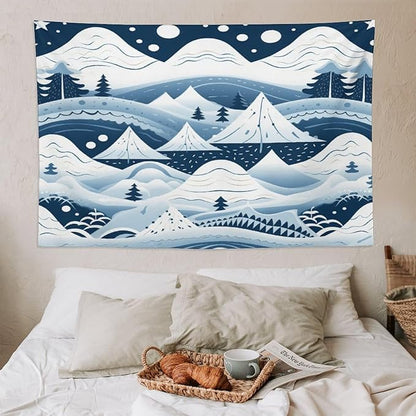 Snow Mountain Scandinavian Winter Tapestries Hello Winter Holiday Bedroom Tapestries Landscape Tapestry Wall Art Decor for Bedroom Living Room Dorm 60"x90" Tapestries Winter Snowflake Decorative