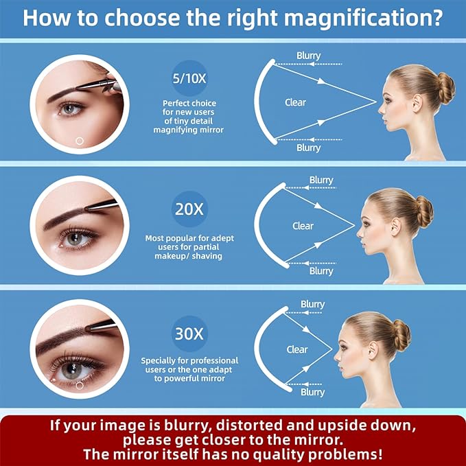 20X Magnifying Mirror with Light, Rechargeable 3 Colors Dimming Lighted Magnifying Mirror with 3 Suction Cups and 360° Stand, 6" Large Travel Tabletop Magnified Makeup Mirror with Tweezers & Scissors