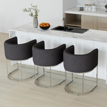 Modern Counter Height Linen Upholstered Bar Stools Set of 3, 24" Kitchen Counter Island Stools Bar Chairs with Chrome Finish Metal Frame for Kitchen Island, Charcoal