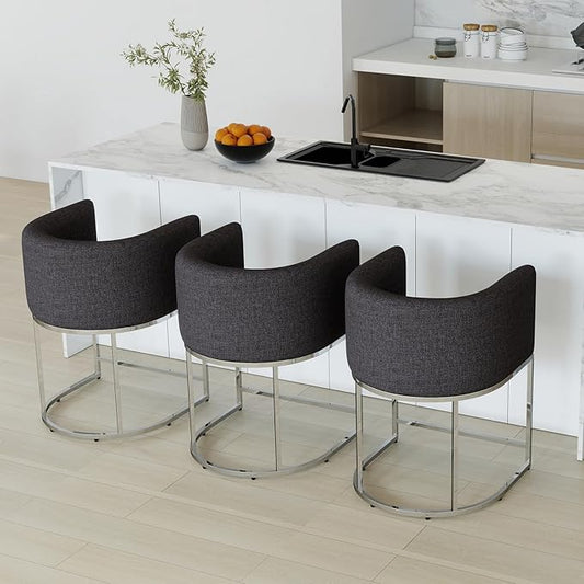 Modern Counter Height Linen Upholstered Bar Stools Set of 3, 24" Kitchen Counter Island Stools Bar Chairs with Chrome Finish Metal Frame for Kitchen Island, Charcoal