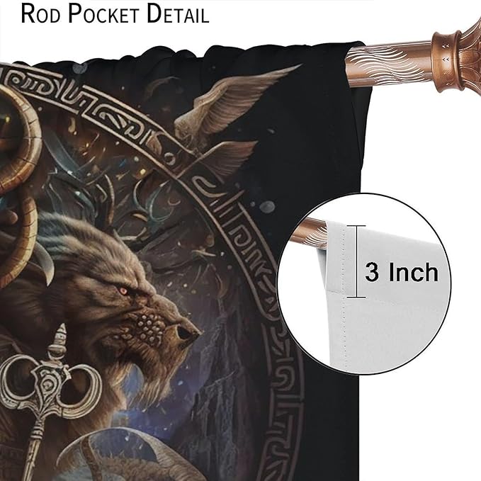 Cool Norse Viking Theme Curtains,Fantasy Ancient Symbols Wildlife Wolf Nordic Vikings Window Curtains Thermal Insulated Rod Pocket Blackout Drapes for Bedroom 2 Panels 84L x 42W