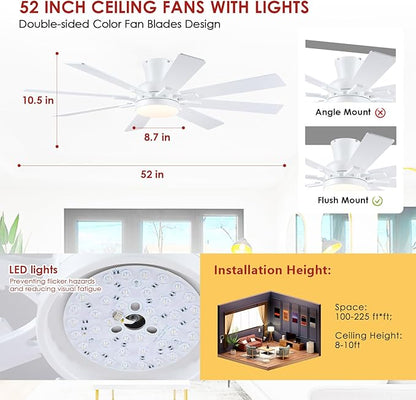 Ceiling Fans with Lights- 52" Low Profile Indoor Ceiling Fan with Light and Remote/APP Control, 8 Blade,Flush Mount, LED Dimmable DC Reversible Modern Ceiling Fan for Bedroom（White）