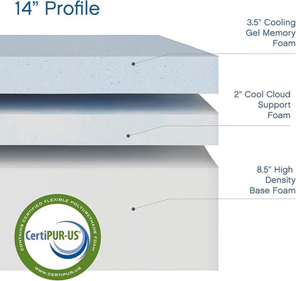 Cool Gel Chill 14 Inch Medium Firm Memory Foam Mattress King Size, with 2 Bonus Cool Gel Memory Foam Bed Pillows, 14" with Pressure Relief, CertiPUR-US Certified, Cooling King Mattress in a Box