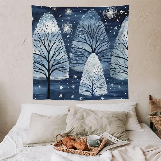 Tapestries Trendy Blue Silver Glitter Tree Christmas Tapestry Xmas Rustic Winter Holiday Tapestry for Bedroom Aesthetic Wall Hanging for Bedroom Living Room Dorm 60"x60" Christmas Family Party