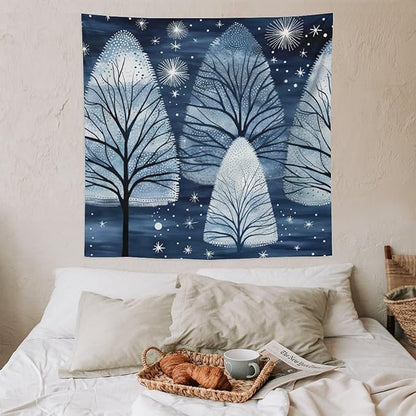 Tapestries Trendy Blue Silver Glitter Tree Christmas Tapestry Xmas Rustic Winter Holiday Tapestry for Bedroom Aesthetic Wall Hanging for Bedroom Living Room Dorm 60"x60" Christmas Family Party