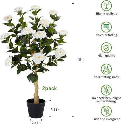 3FT Artificial Camellia Tree, 2 Pack Fake Camellia Tree Artificial Tree, Faux Floral Plants in Cement Pot, Greenery Potted Plant for Indoor Outdoor Home Office Porch Decor (White)