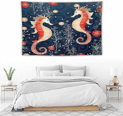 Seahorse Christmas Kiss Beach Tapestry As Wall Art Coastal Nautical Bedroom Tapestries Landscape Tapestry Wall Hanging for Bedroom Living Room Dorm Decor 40"x60" Christmas Family Party