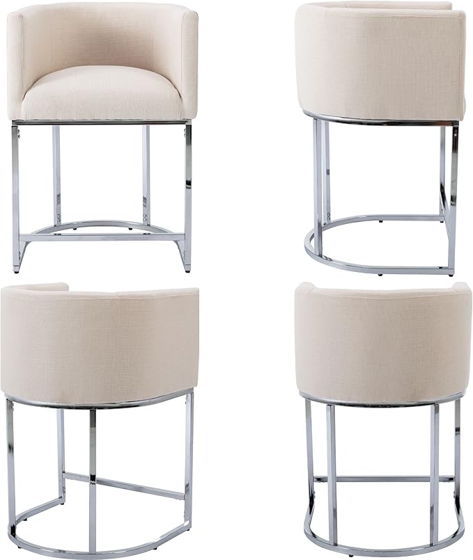 Modern Counter Height Linen Upholstered Bar Stool, 24" Kitchen Counter Island Stool Bar Chairs with Chrome Finish Metal Frame for Kitchen Island, Cream