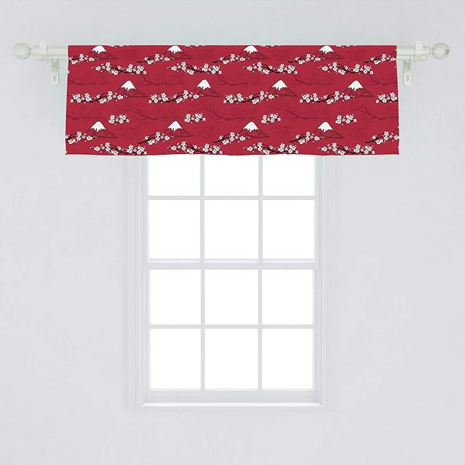 Lunarable Japanese Window Valance, Traditional Art Sakura Blossoms Abstract Hill Mountains Illustration, Curtain Valance for Kitchen Bedroom Decor with Rod Pocket, 54" X 18", Raspberry White