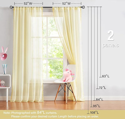 Treatmentex Sheer Curtains for Bedroom Children's Room Yellow 108 inches Long Linen Textured Window Drapes with Cute Pom Pom Tassle 2 Panels 52" w Rod Pocket Header