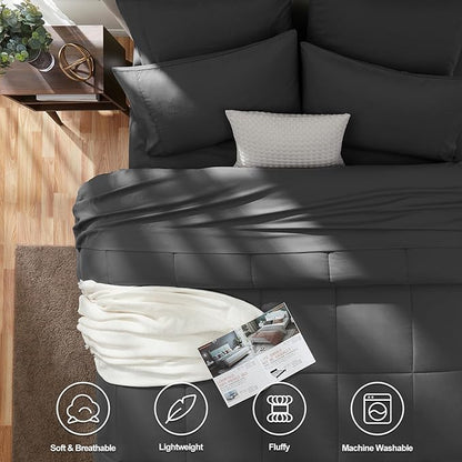 CozyLux King Size Comforter Set Dark Grey, 7 Pieces Bed in a Bag, Dark Grey Comforter King Size, All Season Bedding Sets with Stitch Quilted Comforter, Flat Sheet, Fitted Sheet, Pillowcases
