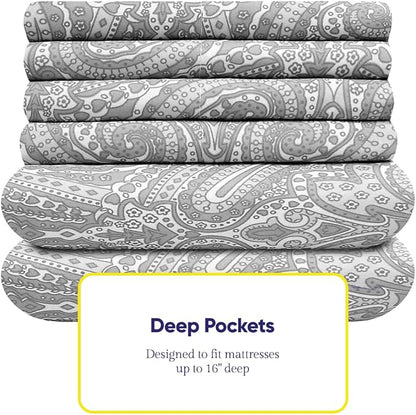 Full Size Bed Sheets - 6 Piece 1500 Supreme Collection Fine Brushed Microfiber Deep Pocket Full Sheet Set Bedding - 2 Extra Pillow Cases, Great Value, Full, Paisley Gray